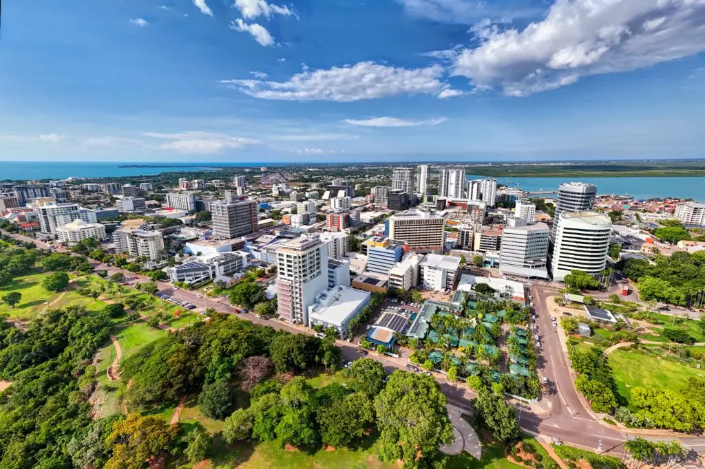Aerial view of coastal city skyline and park