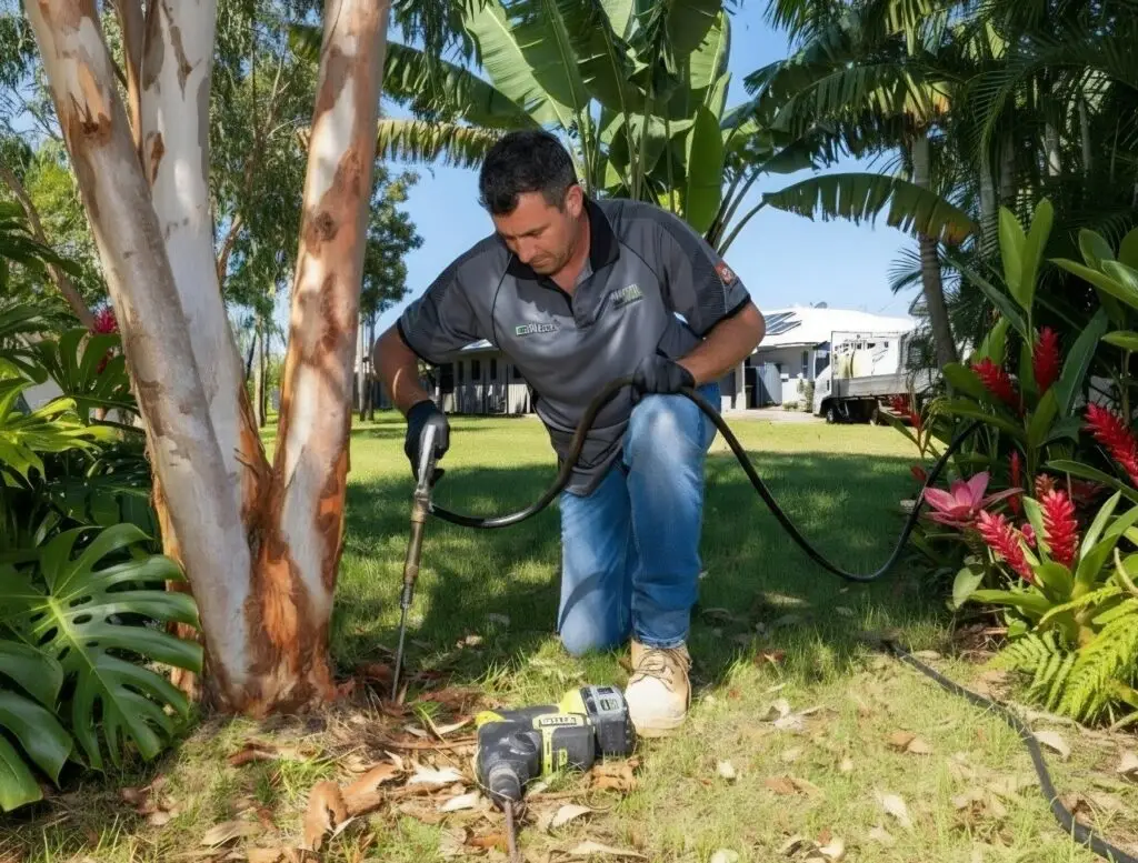 Technician injecting treatment into tree in garden