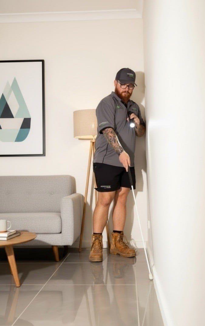 Tradesman inspecting wall corner with torch indoors