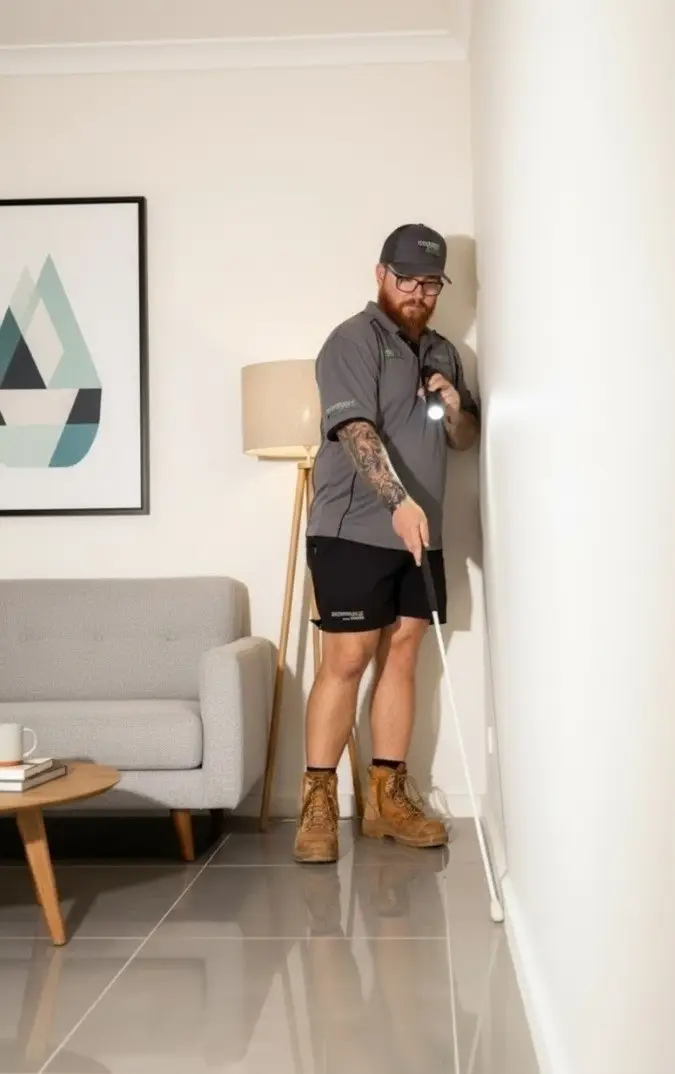 Tradesman inspecting wall corner with torch indoors
