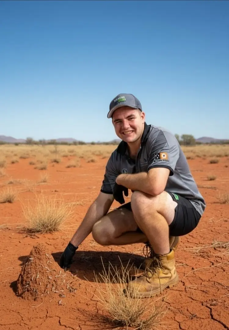 Man examining termite mound in outback desert
