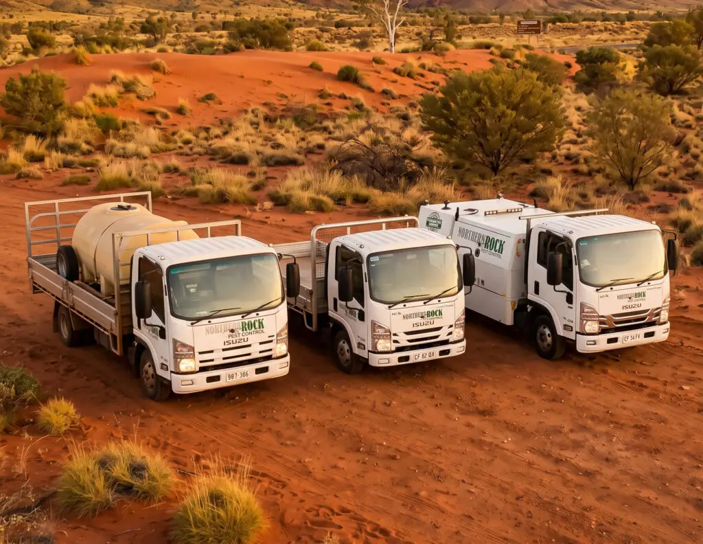 Three pest control trucks in Australian outback desert