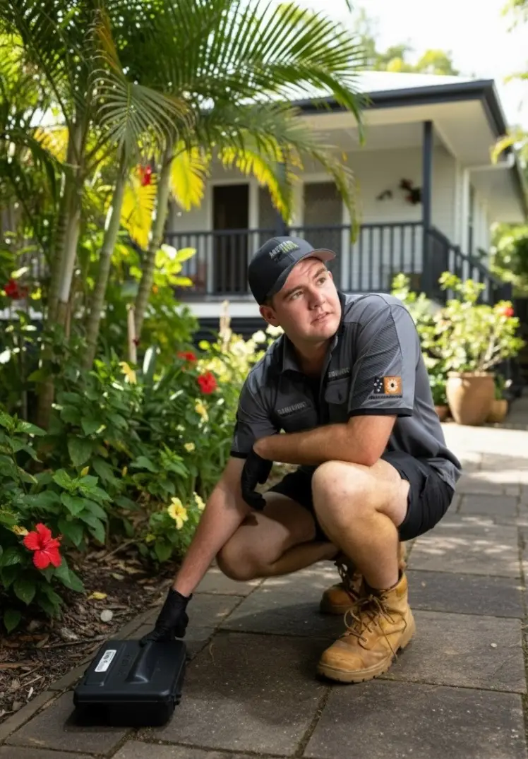 Pest control technician placing bait box in garden
