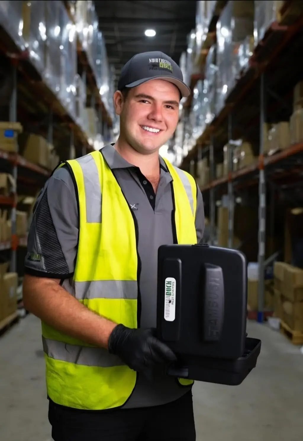Warehouse worker in hi-vis vest holding scanner in aisle