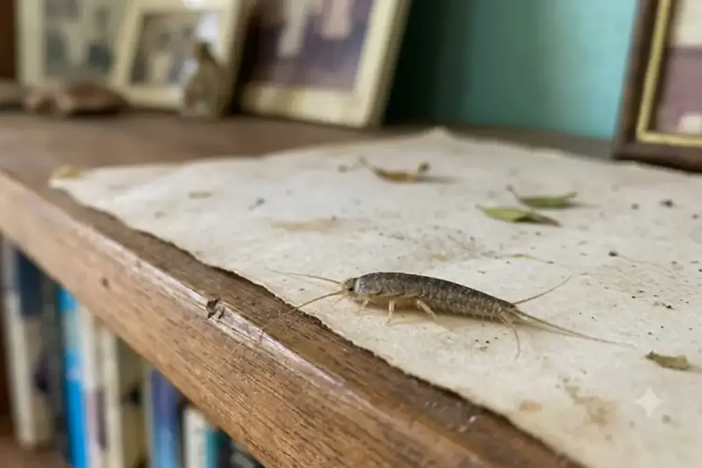 Silverfish on dusty wooden shelf indoors